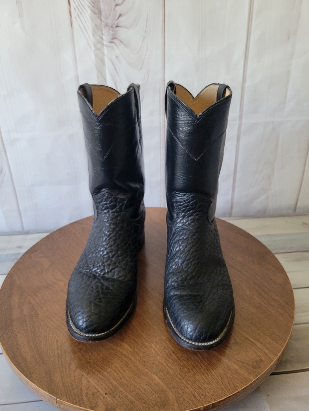 Justin 3187 Black Bull Hide Roper Boots, Men’s 9.5 Made in USA Western Cowboy - Picture 7 of 9